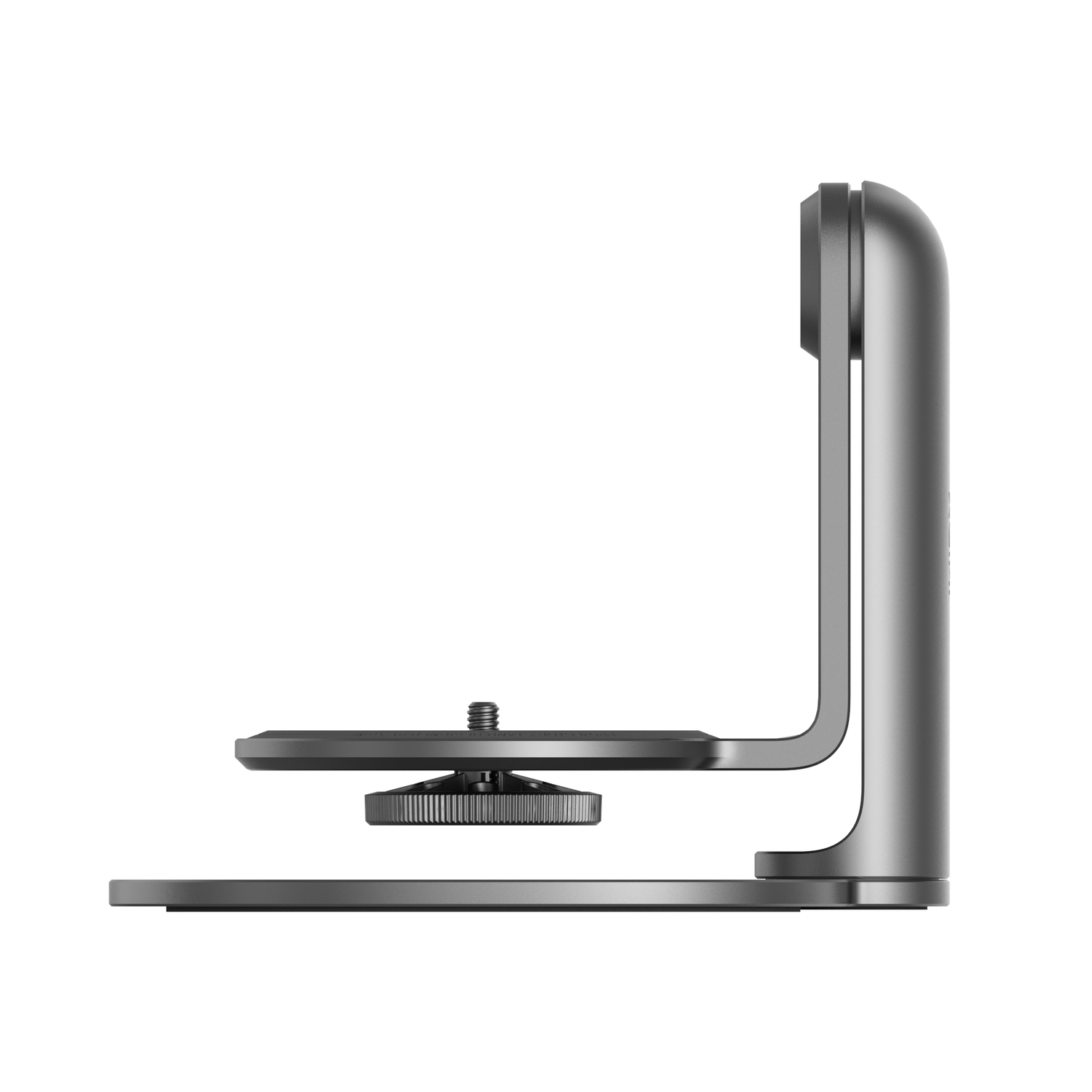 Een zilveren standaard voor een camera of apparaat, met een cirkelvormige basis en een verstelbaar platform.