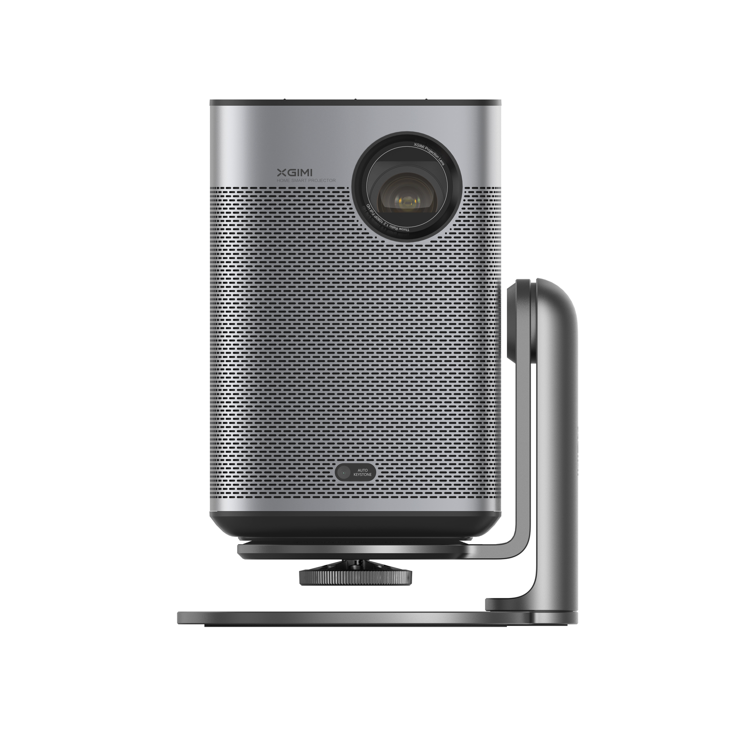 Een zilveren projector op een standaard. De lens is naar voren gericht.