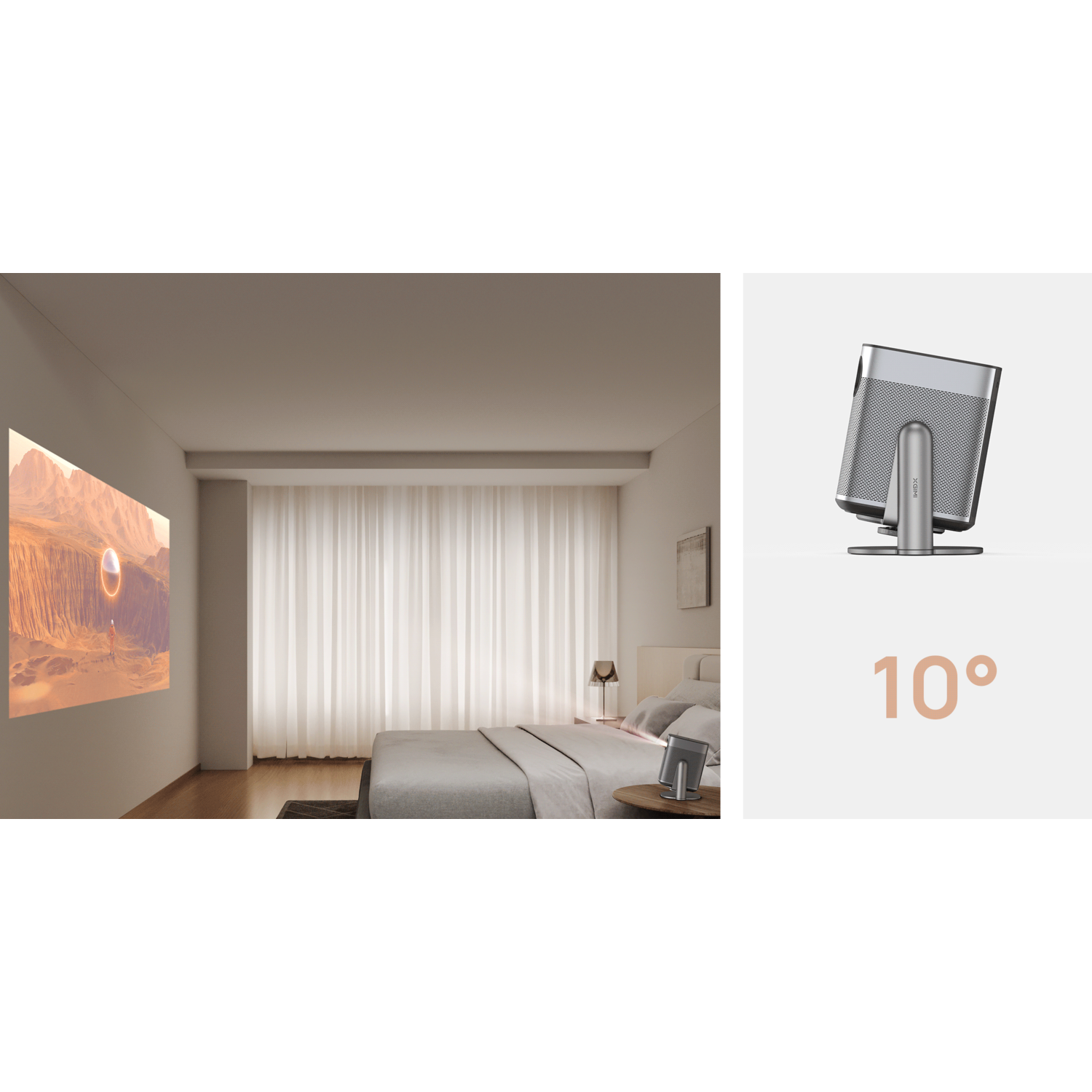 Een projector projecteert een afbeelding op een muur in een slaapkamer. Projector rechts.