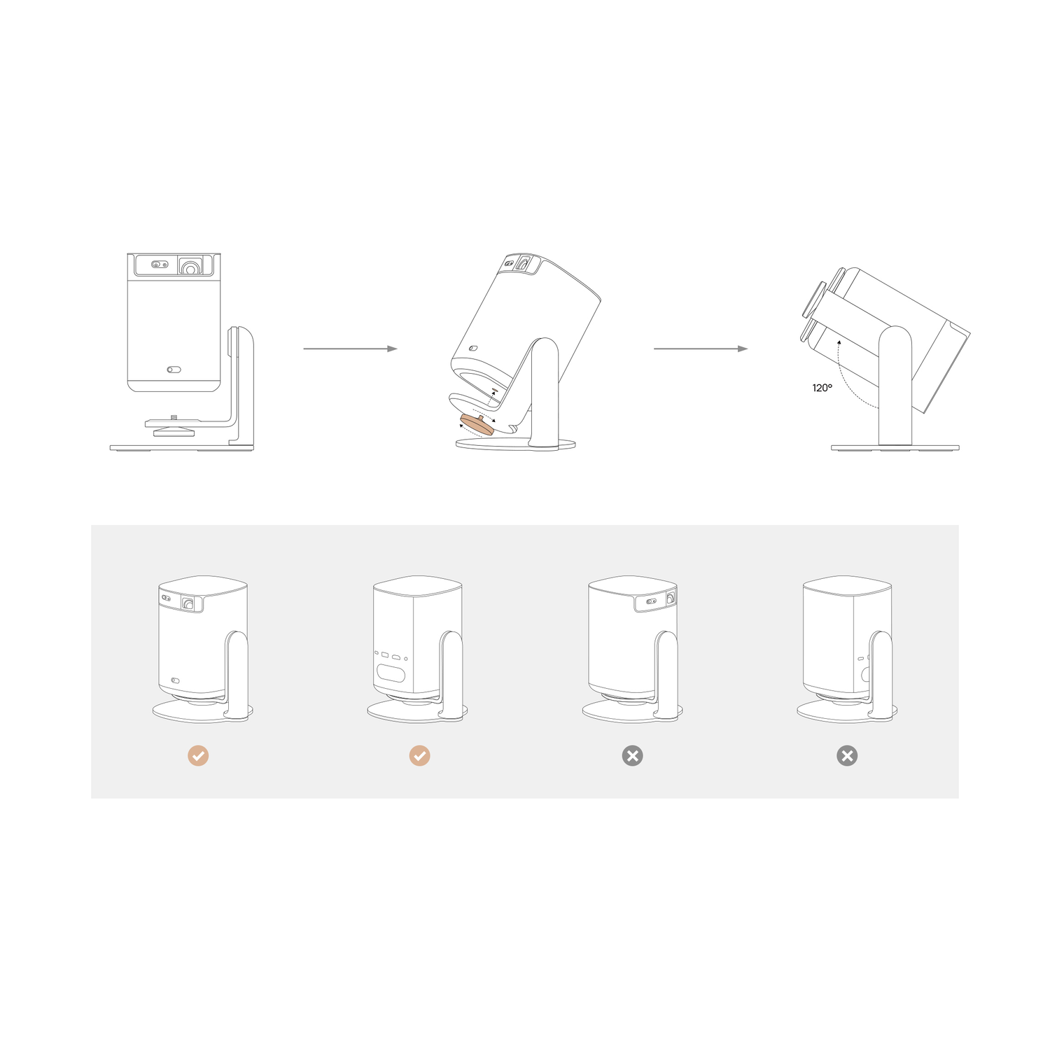 Diagram met projectorinrichting. Stappen omvatten kantelen en aanpassen van het apparaat.