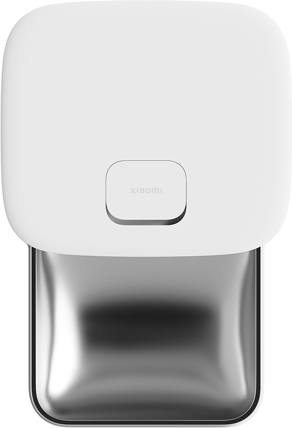 Fehér, téglalap alakú eszköz, ezüst, fém alsó résszel és a Xiaomi logóval a tetején.