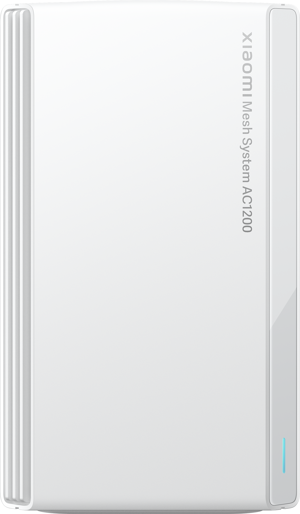 Fehér router, rajta a "Xiaomi Mesh System AC1200" felirattal. A router függőleges.