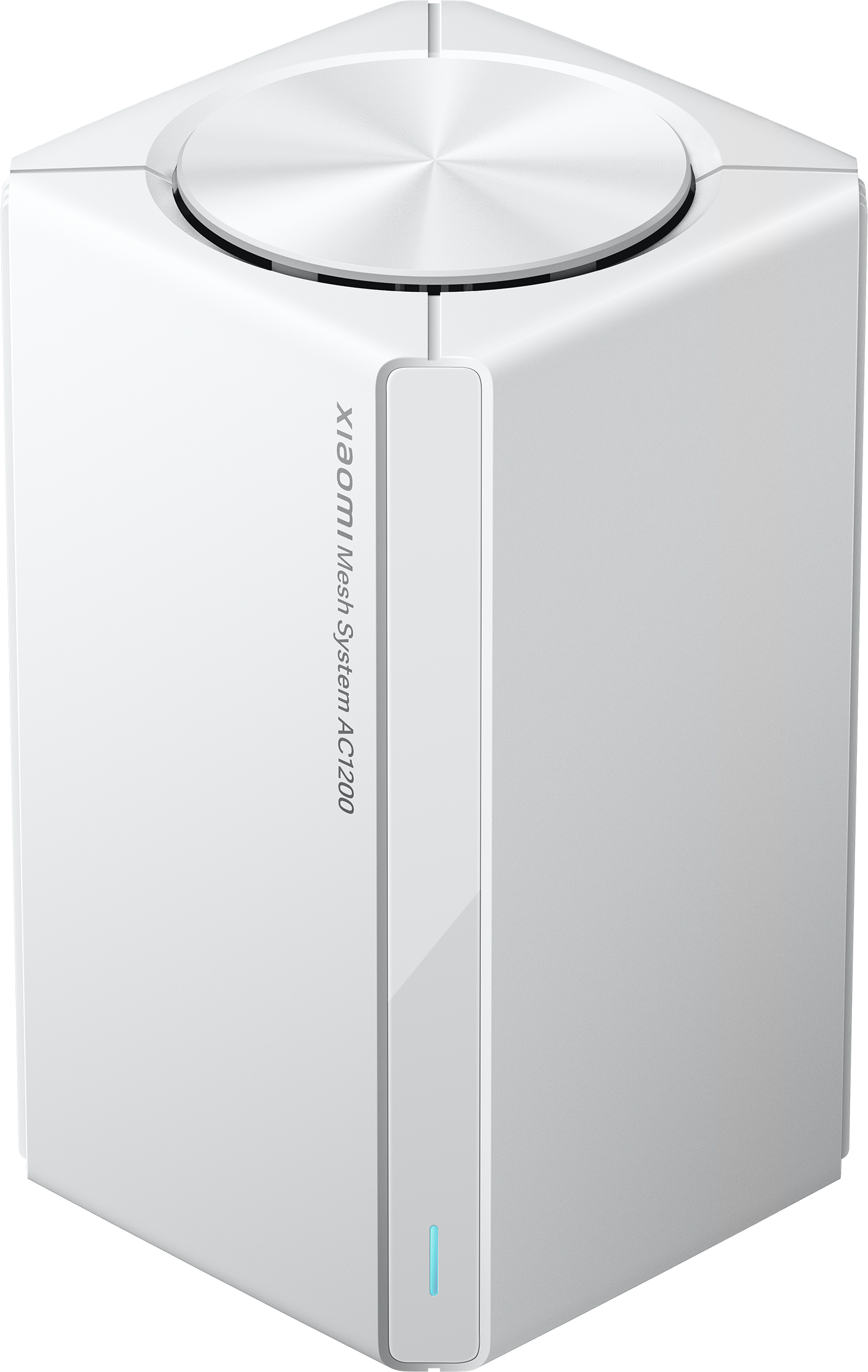 Fehér Xiaomi Mesh System AC1200 router. Hengeres forma ezüst tetővel és függőleges fehér csíkkal, világoskék vonallal.
