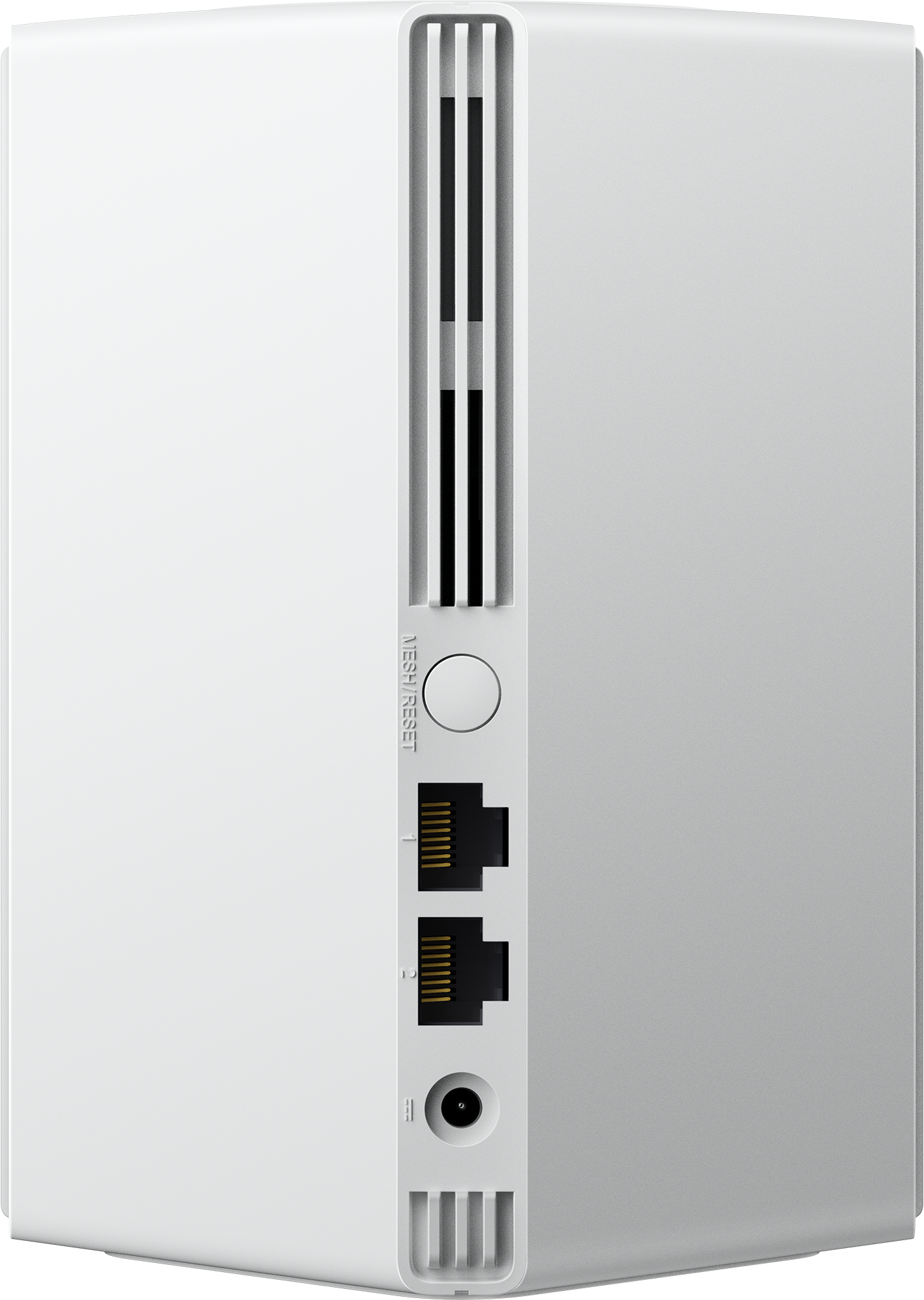 Fehér router mesh/reset gombbal, Ethernet portokkal és egy tápcsatlakozóval.