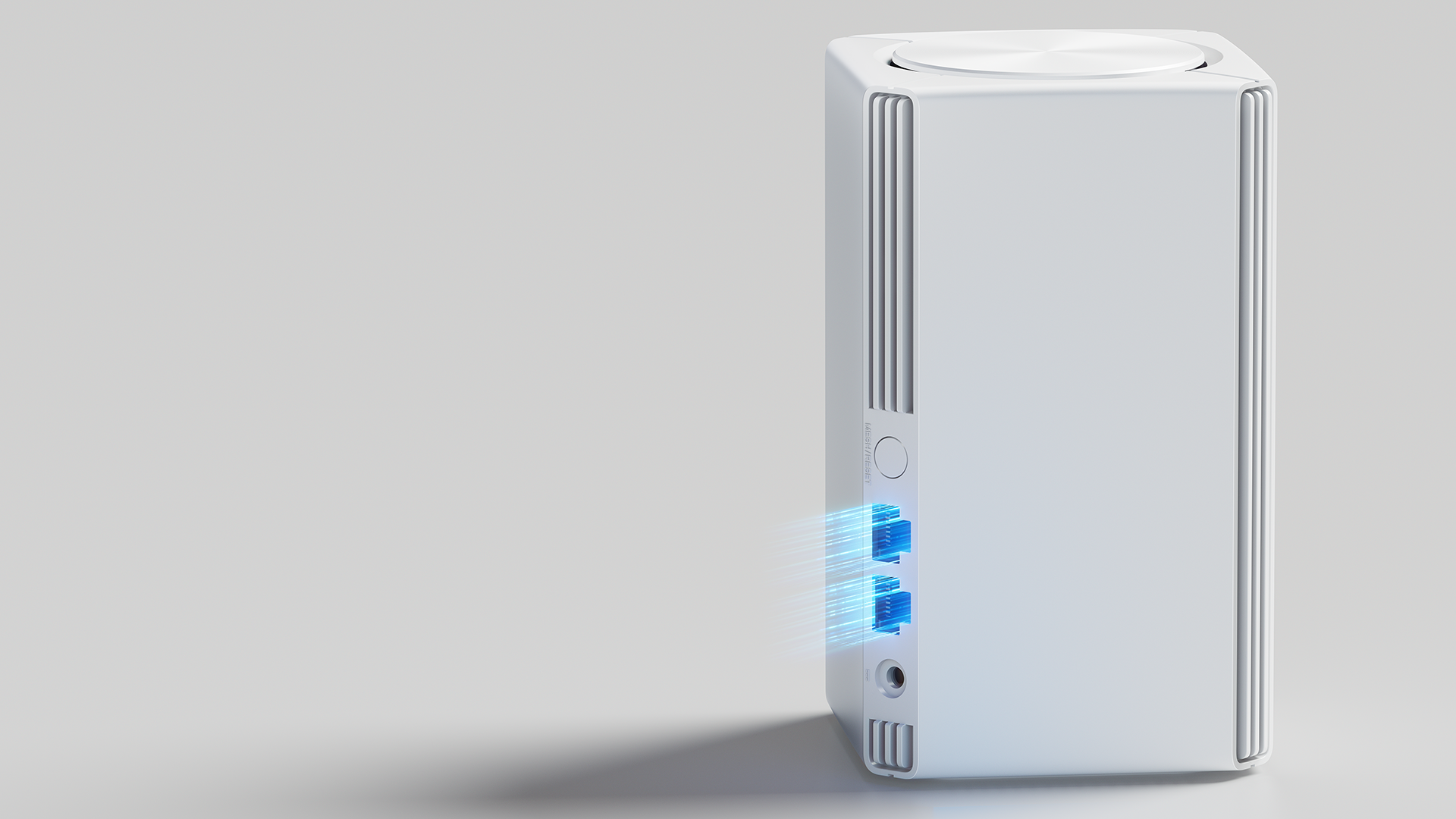 Egy fehér router, kék fénnyel, amely a hálózati kapcsolatokat jelképezi a hátoldalon.