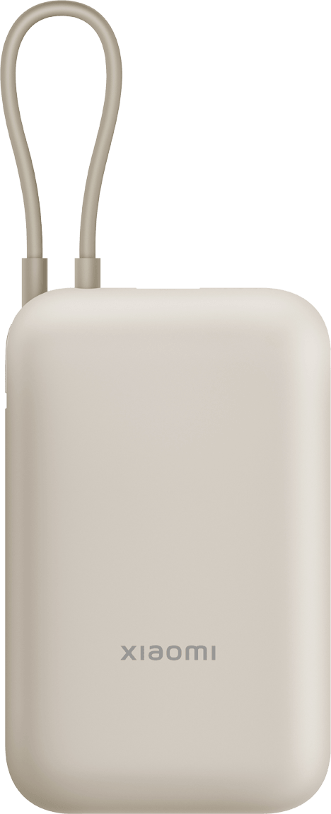 Egy Xiaomi power bank, bézs színű, egy hurokkal a pánt számára.