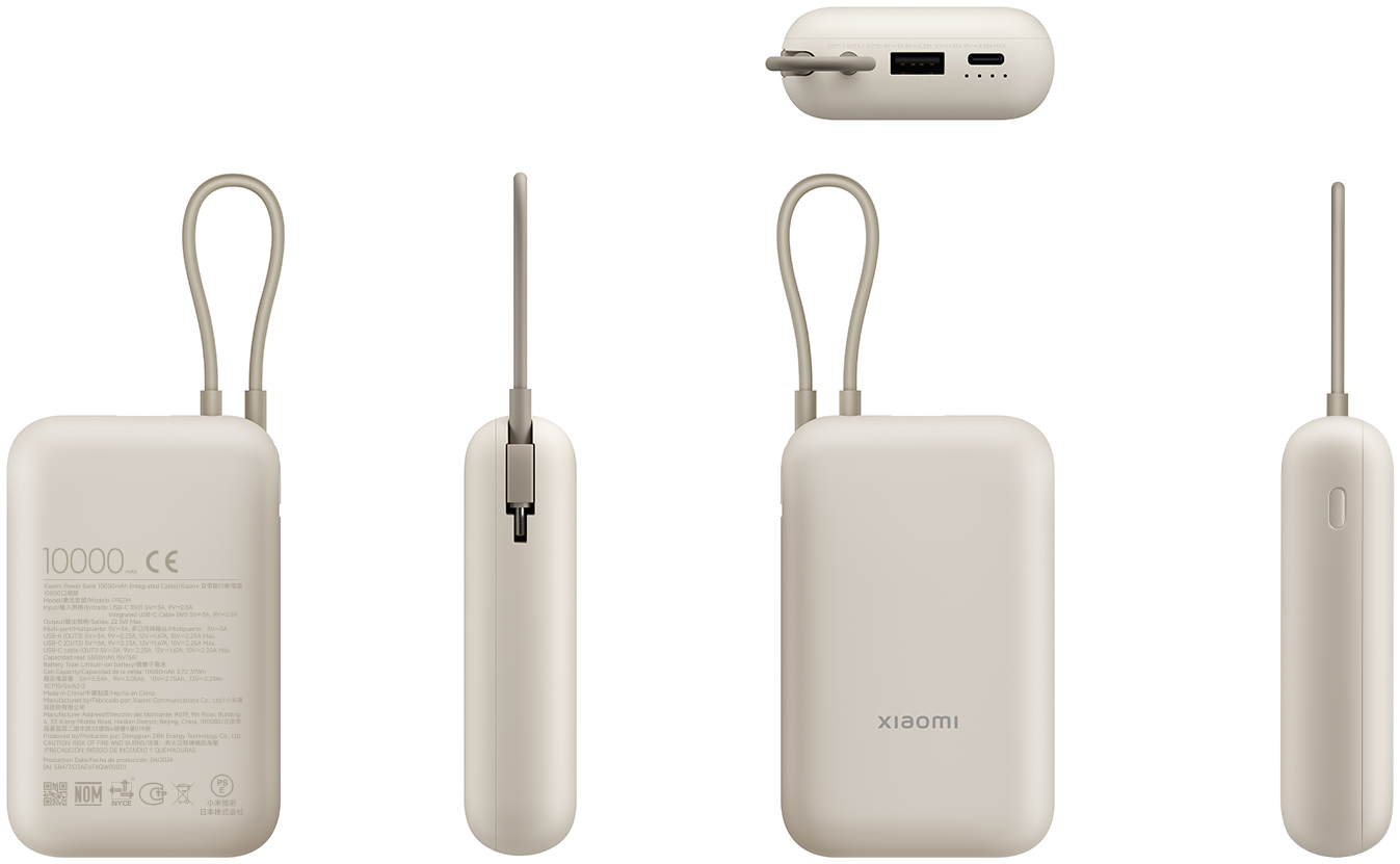 Fehér power bank több nézetben, hurokkal. Xiaomi logó látható. Fekete háttér.