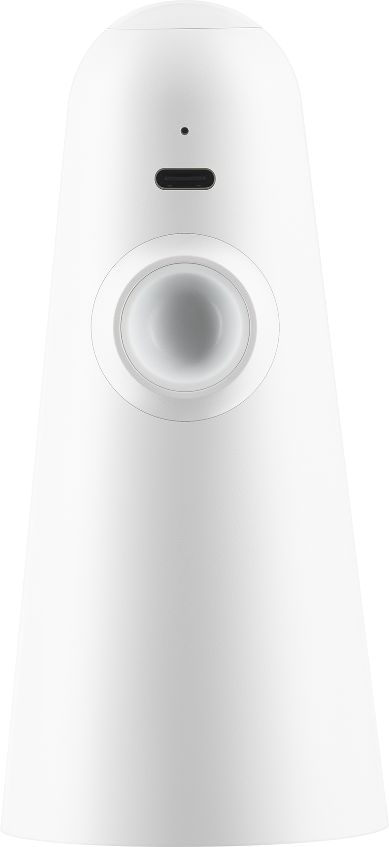 Egy fehér, hengeres eszköz kerek érzékelővel, egy kis fekete ponttal és USB-C porttal.