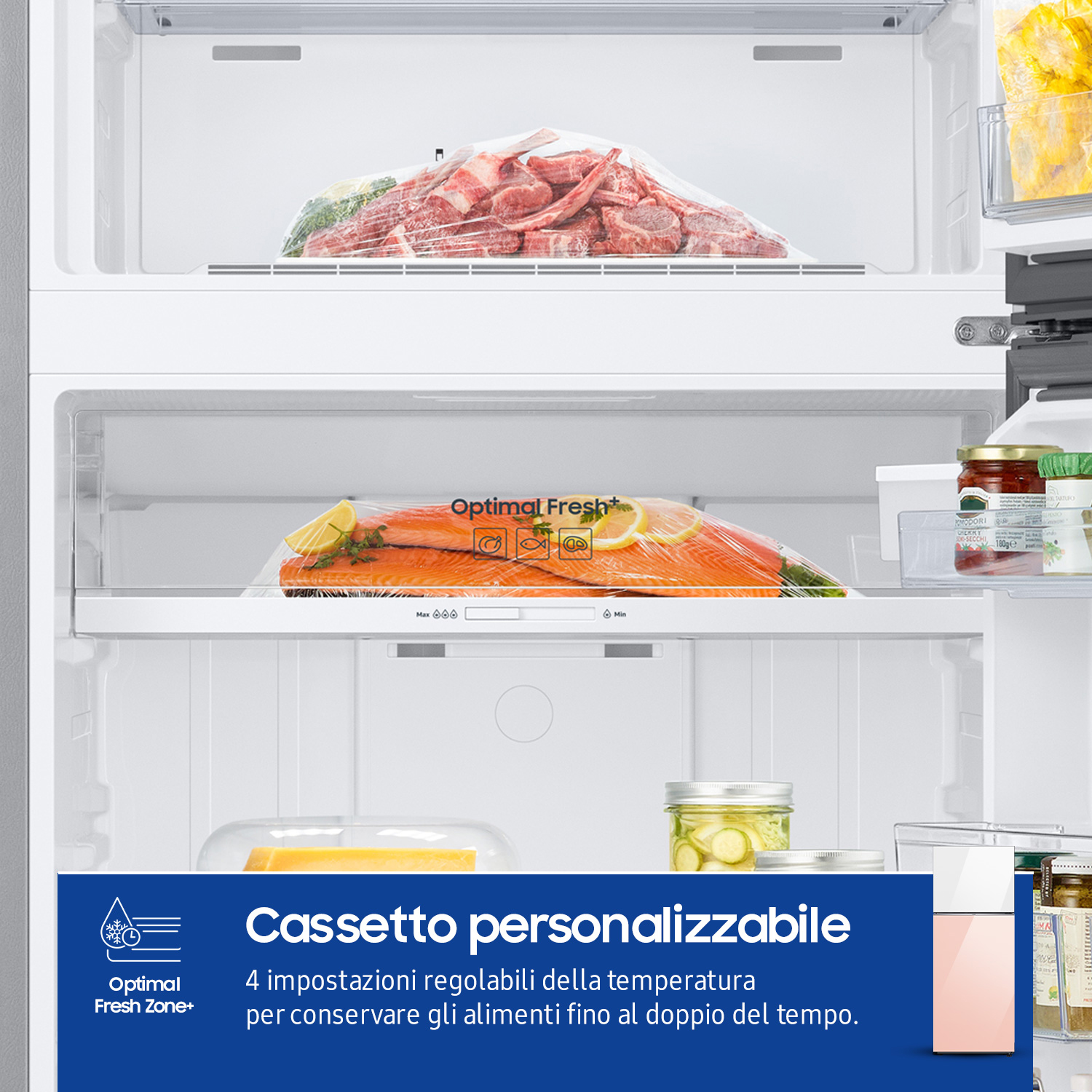 Dentro un frigorifero. C'è un sacco di carne, un vassoio di salmone e barattoli di cibo. Il testo dice: Cassetto personalizzabile.