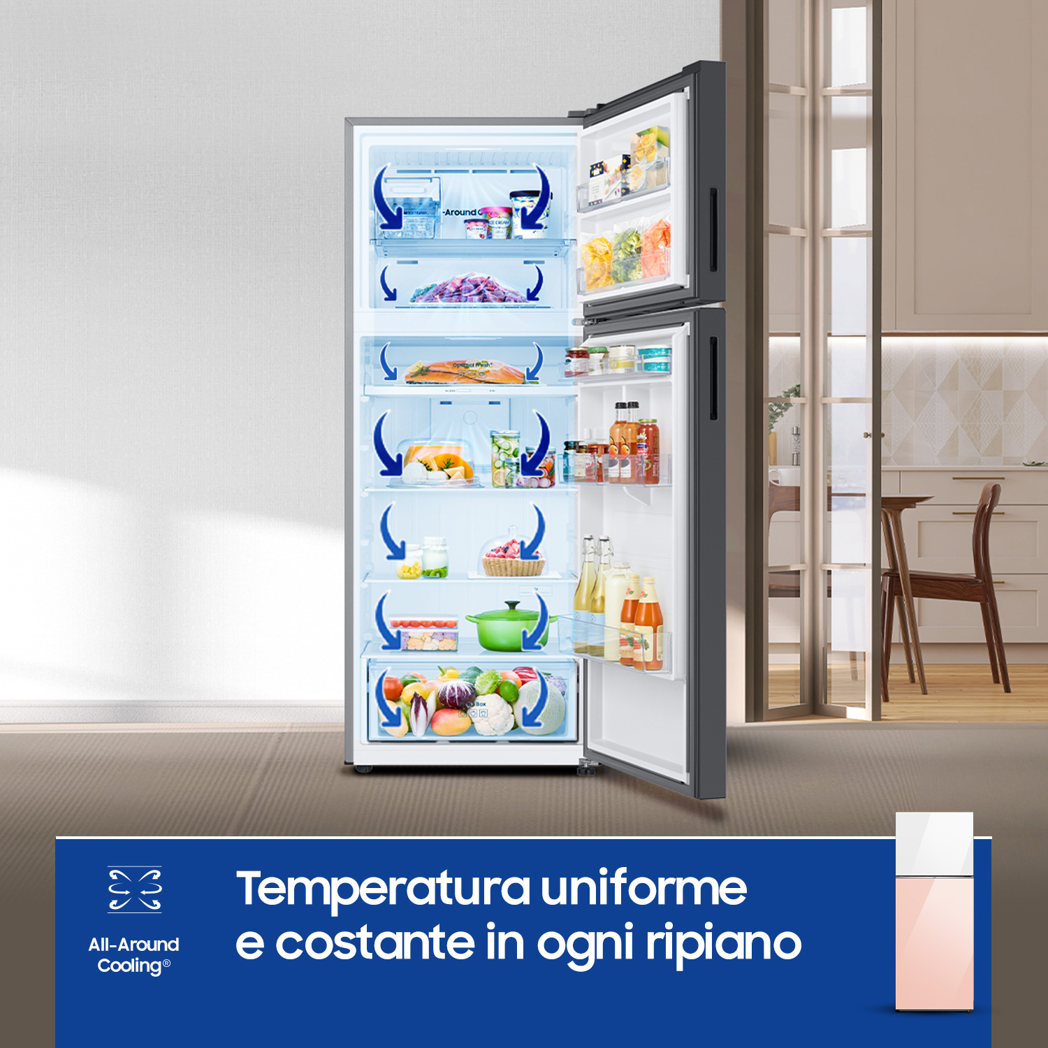 Un frigorifero con la porta aperta. Le frecce mostrano il sistema di raffreddamento. Uno sfondo cucina è visibile.