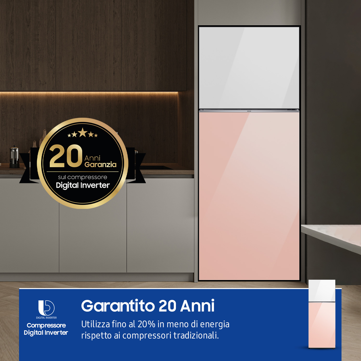 Un frigorifero con porta rosa e un distintivo digital inverter sul davanti. 20 anni di garanzia.