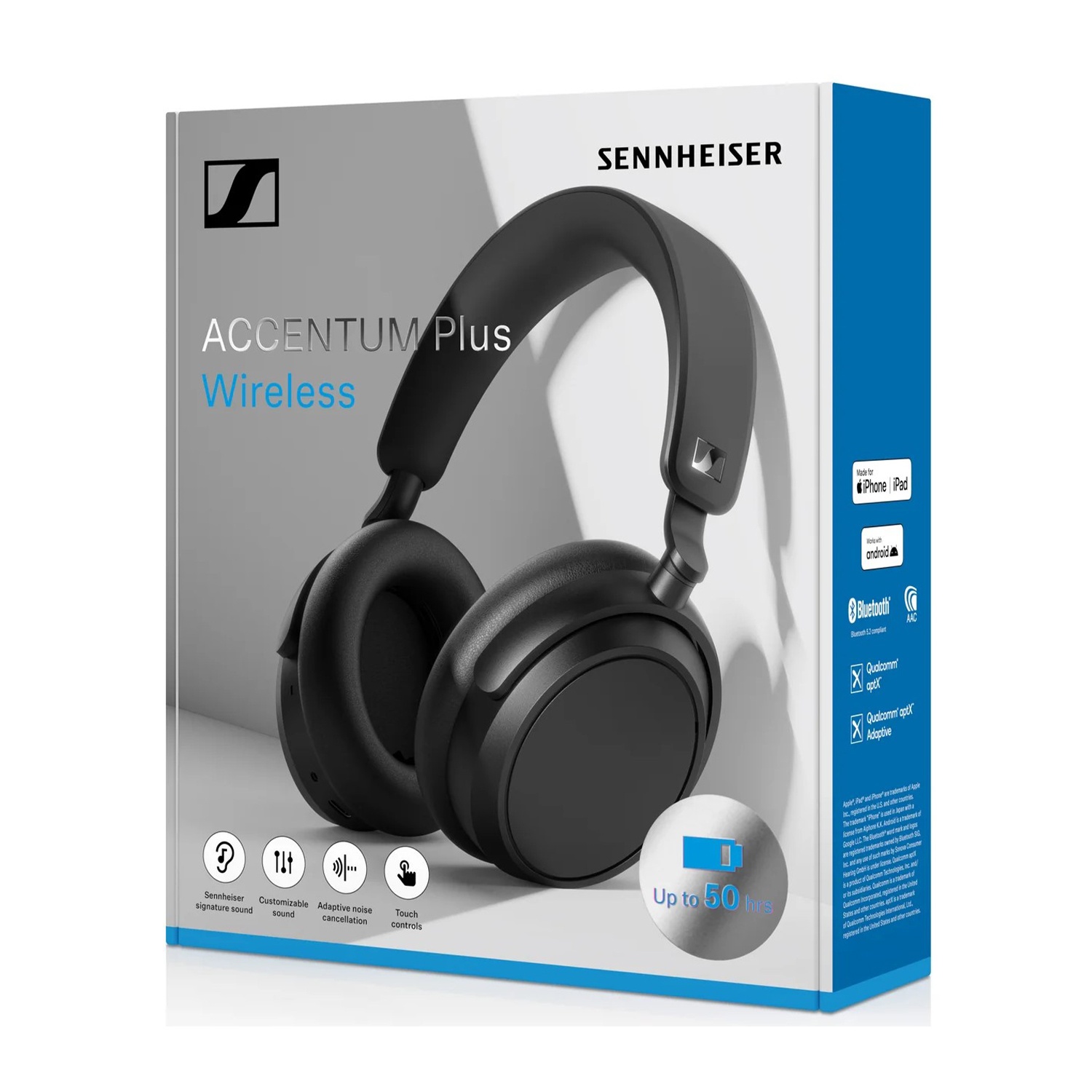 Cuffie wireless Sennheiser ACCENTUM Plus nere su una scatola con le funzionalità.