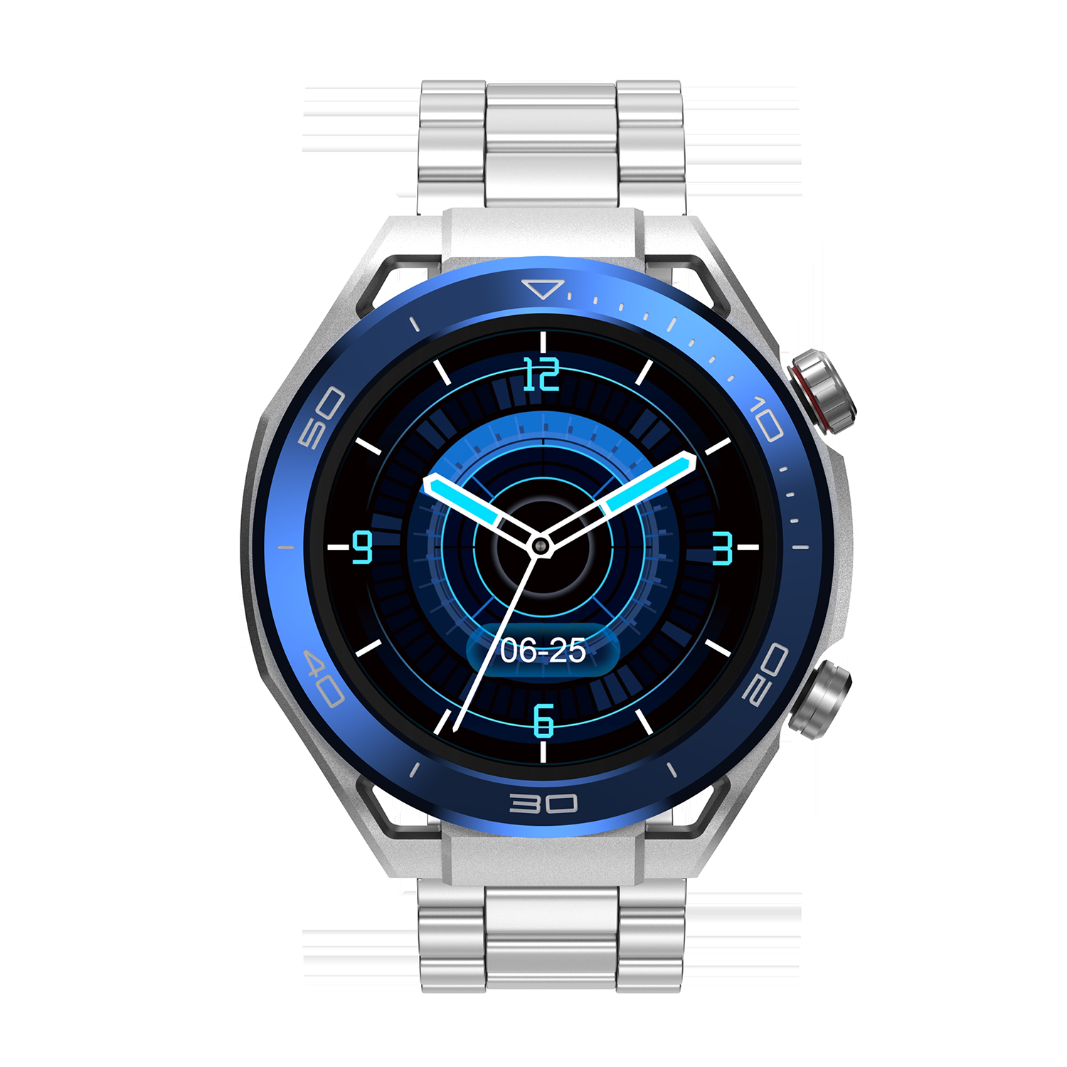 Uno smartwatch argento e blu con cinturino in metallo, che mostra ora e data con un design digitale blu.