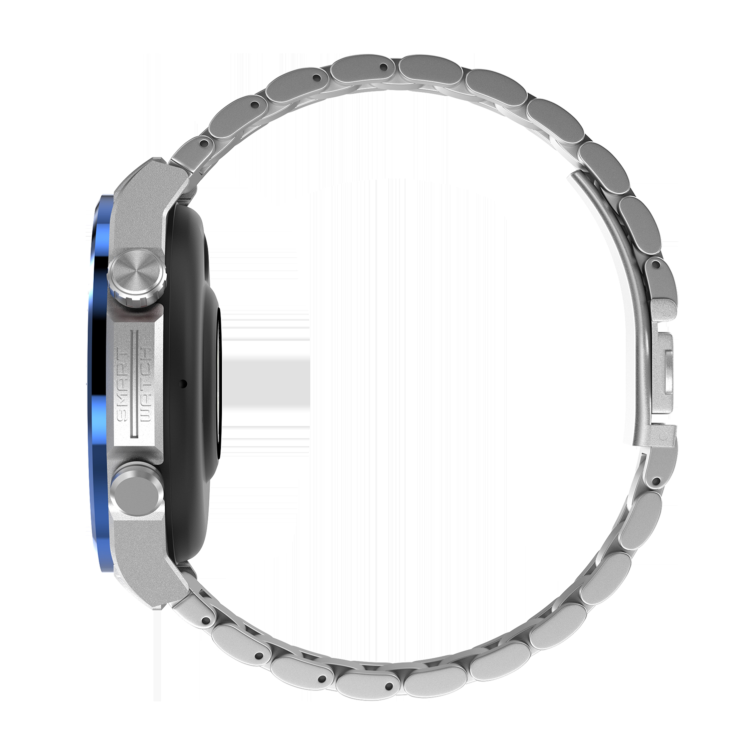 Vista laterale di uno smartwatch argento e blu con cinturino in metallo.