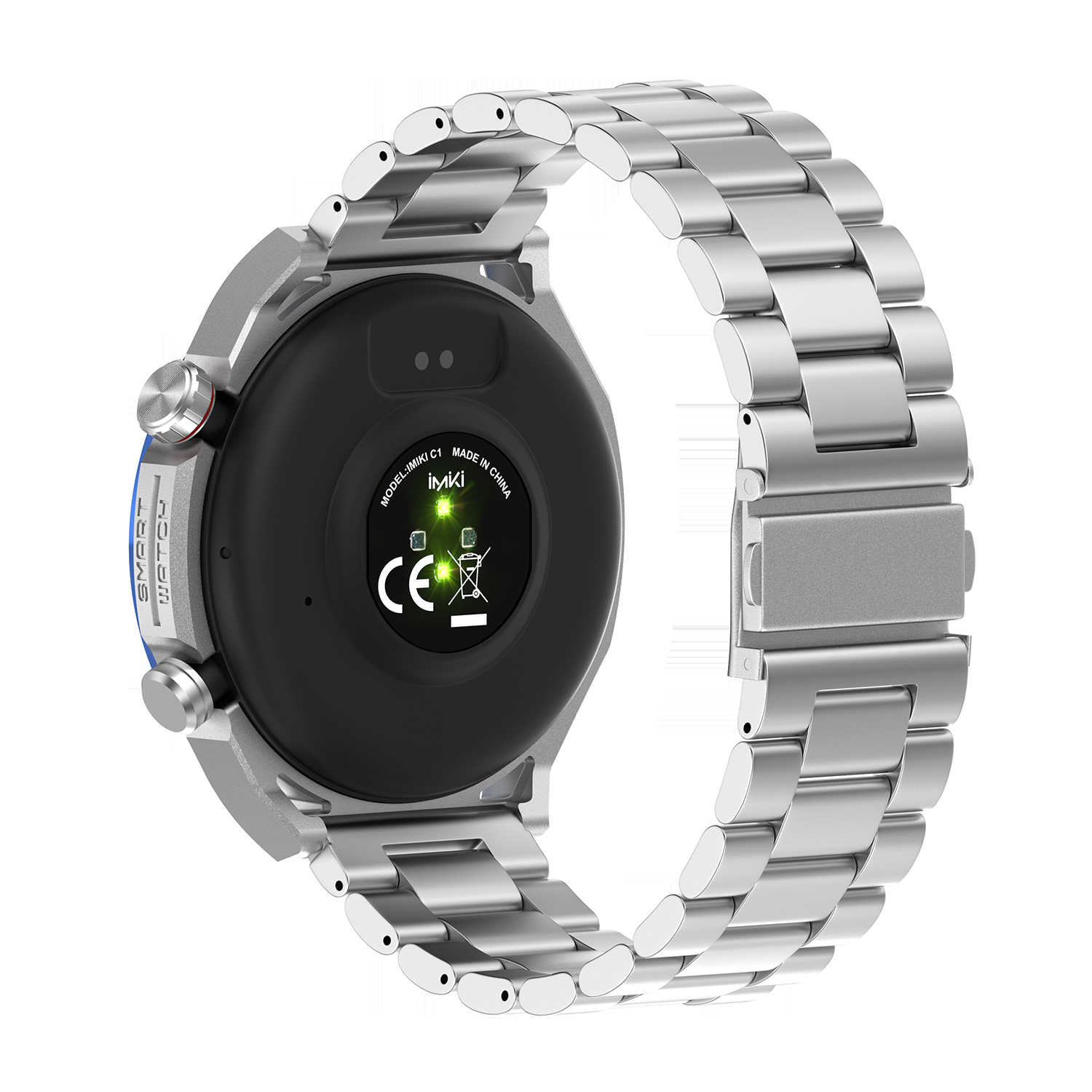 Smartwatch argentato. Il retro dell'orologio è visibile, con sensori e attacco cinturino.