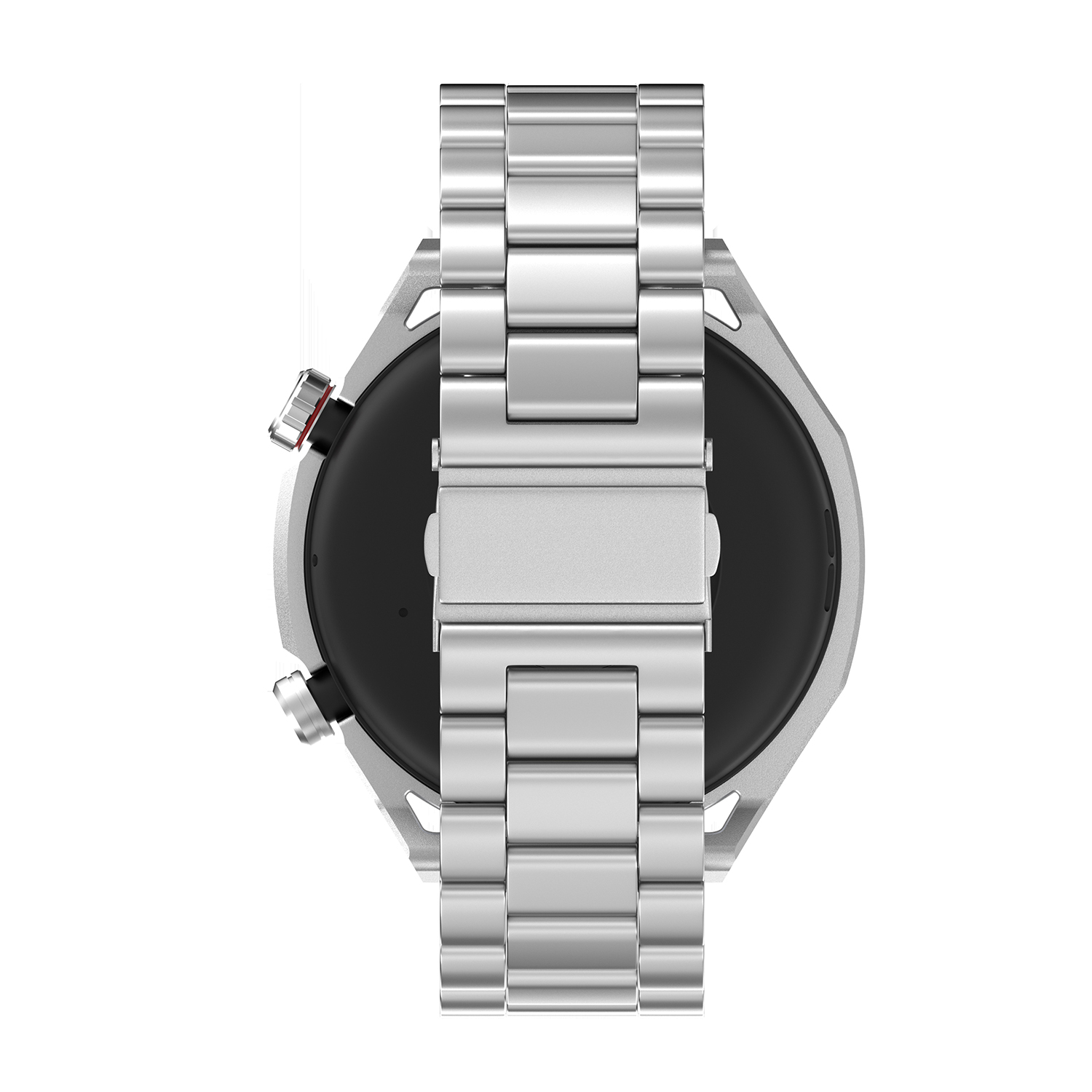 Vista posteriore di uno smartwatch argentato con cinturino in metallo.
