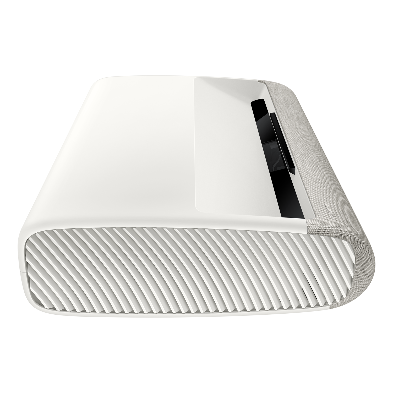 Witte, schuine projector met een getextureerde zijkant en een zwarte opening voor de lens.