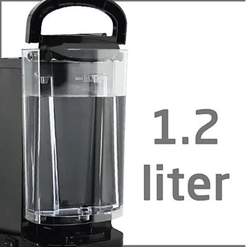 Czarny ekspres do kawy z przezroczystym zbiornikiem na wodę. Obok zbiornika napis: '1,2 litra'.