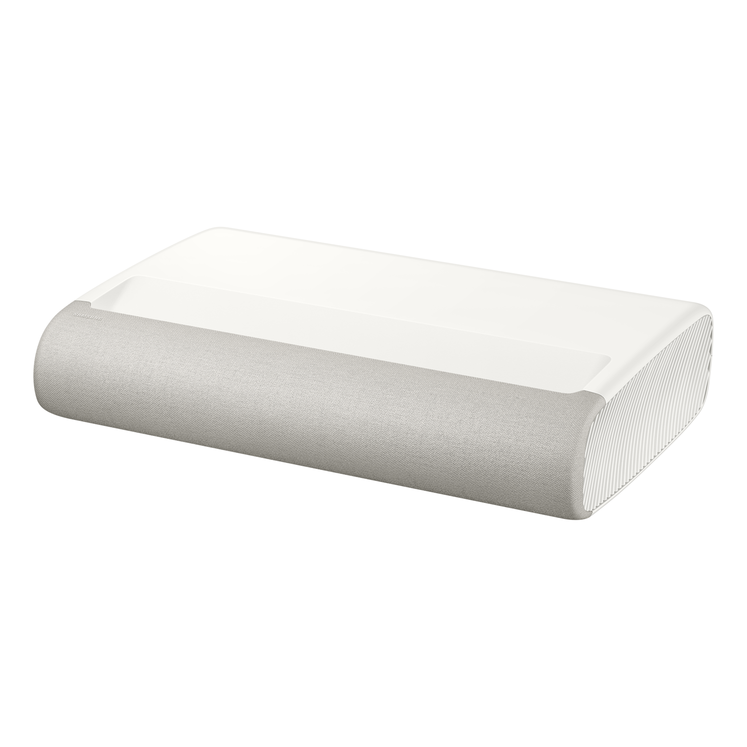 Un projecteur blanc et rectangulaire aux bords arrondis. Il est posé horizontalement.