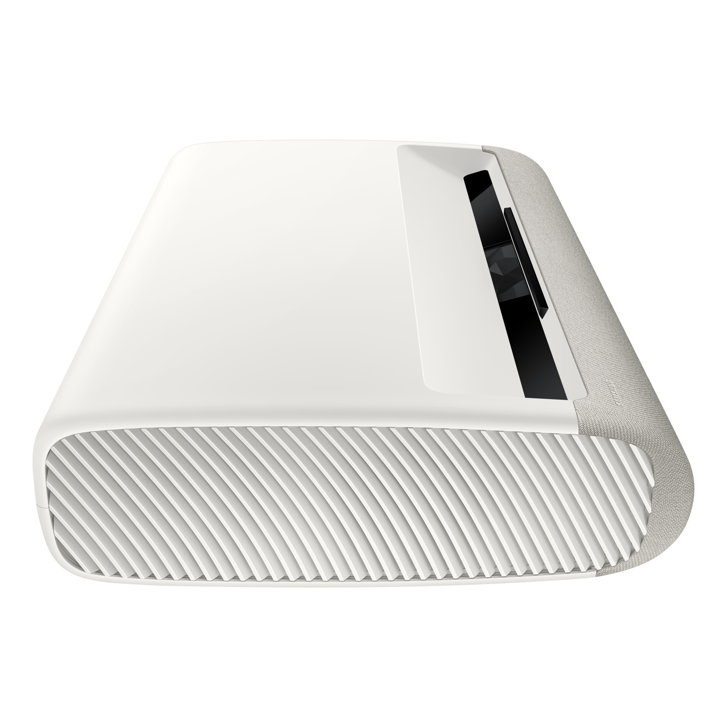 Projecteur blanc incliné avec un côté texturé et une ouverture noire pour l'objectif.