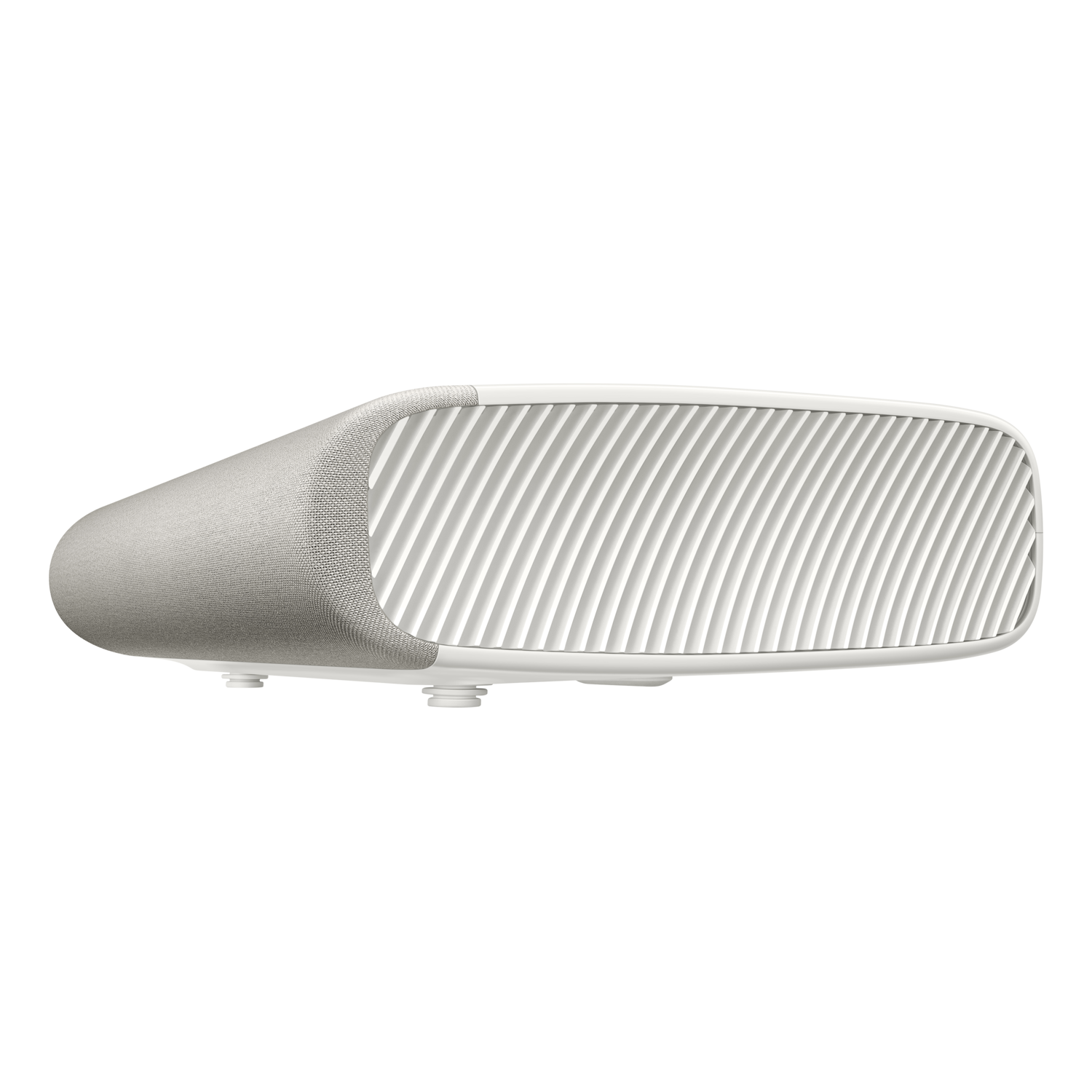 Un projecteur blanc avec un devant en tissu gris et un design blanc strié sur le côté.