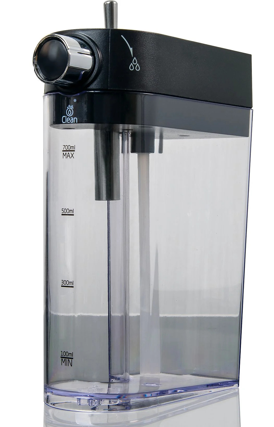 Przezroczysty zbiornik na wodę z czarną pokrywą; oznaczenia poziomu wody.