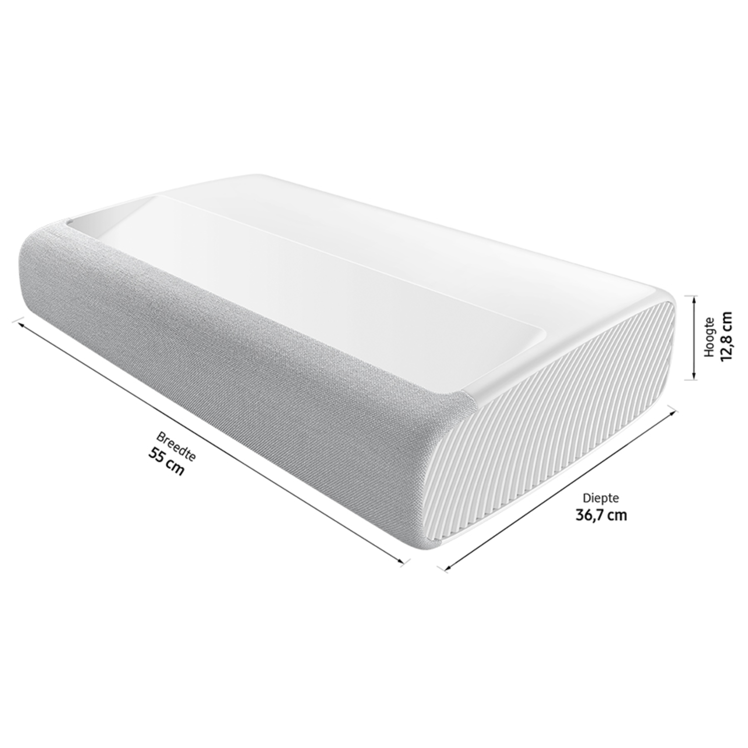 Projecteur blanc avec côtés en tissu. Dimensions : 55cm largeur, 36,7cm profondeur, 12,8cm hauteur.