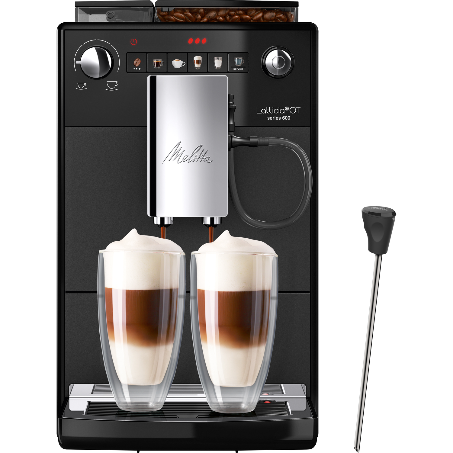 Black and silver coffee machine with two glasses of latte macchiato and a frothing wand.