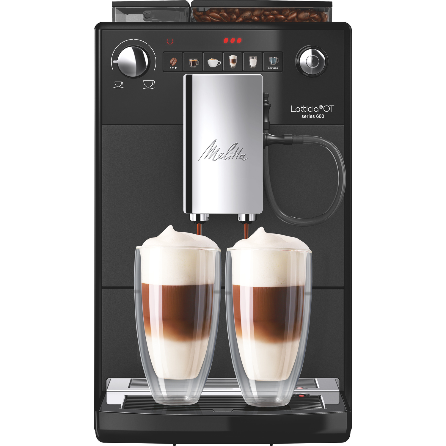 Black coffee machine with two glasses of latte. Melitta brand is visible.