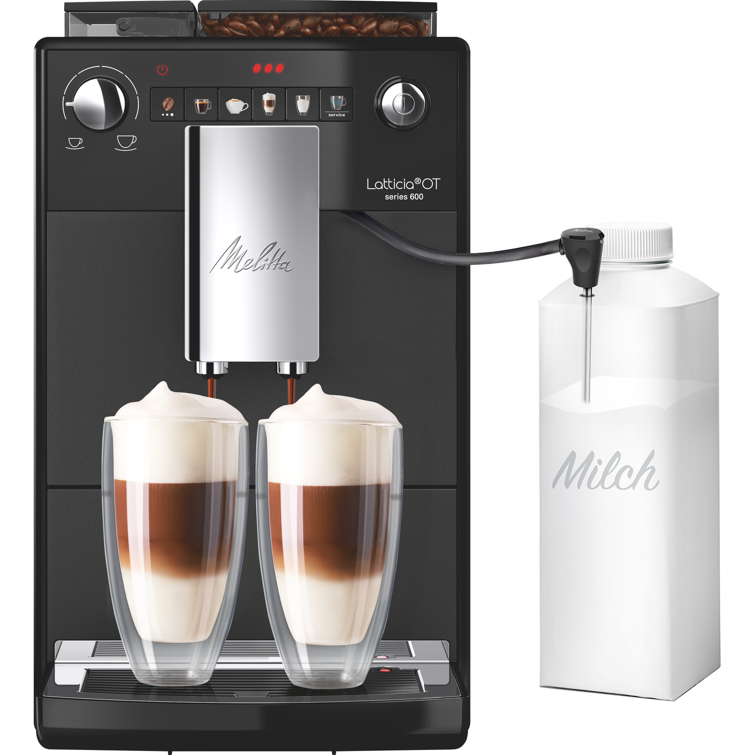 Coffee machine with two glasses with coffee and milk, and a milk container with the word 'Milch'.