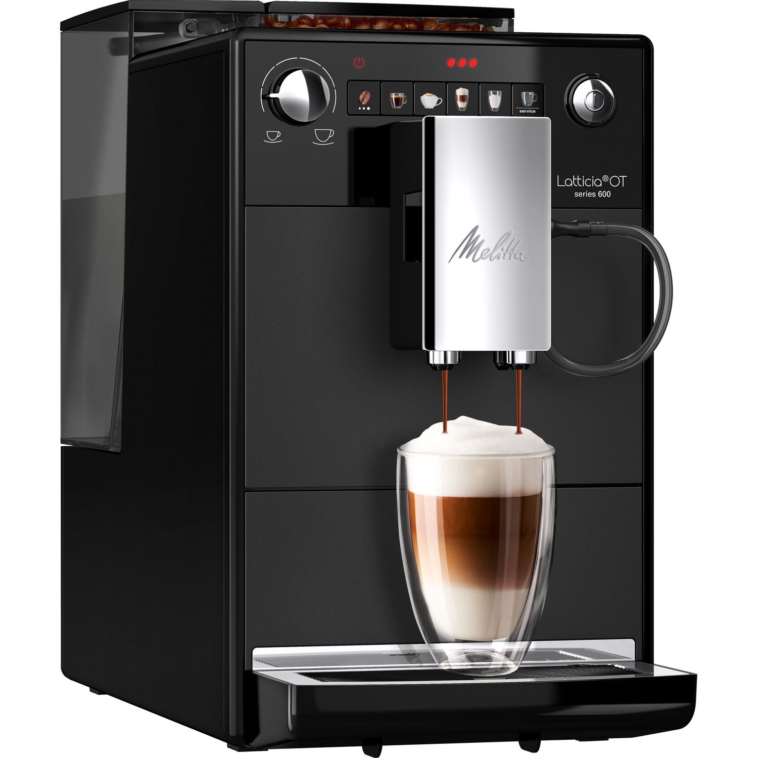 Black espresso machine with a glass cup being filled with coffee.