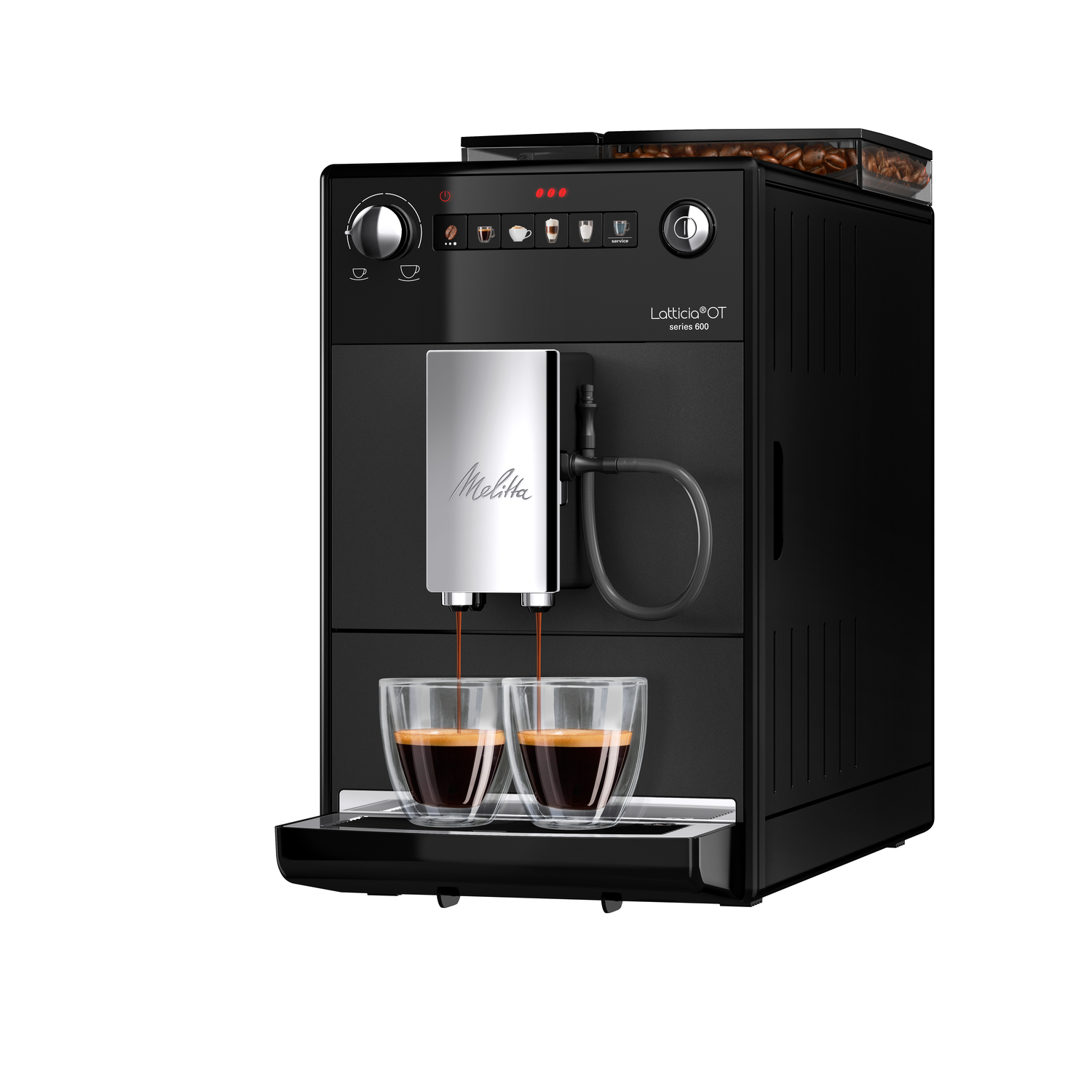 Black coffee machine with two glass cups of coffee being dispensed. Coffee beans are in the top.