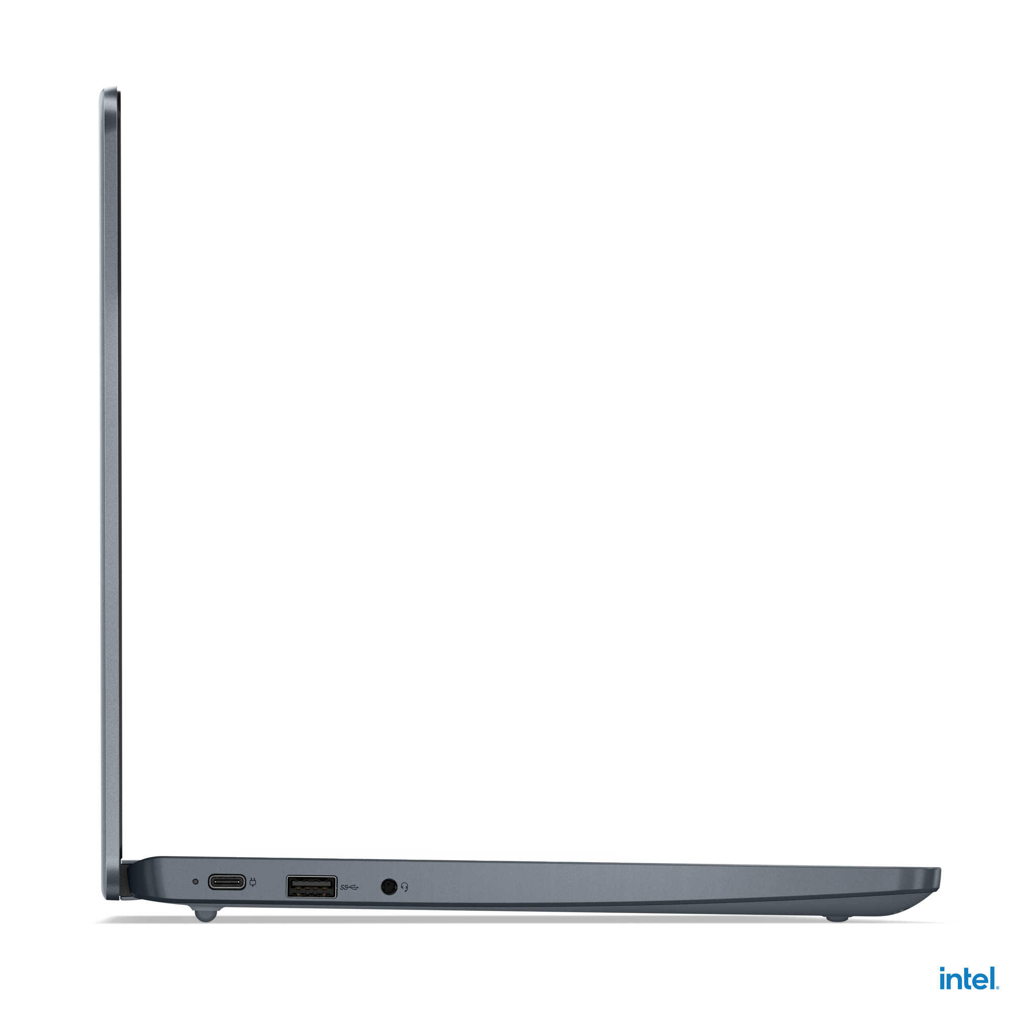 Seitenansicht eines Laptops, dunkelgrau, mit Anschlüssen.