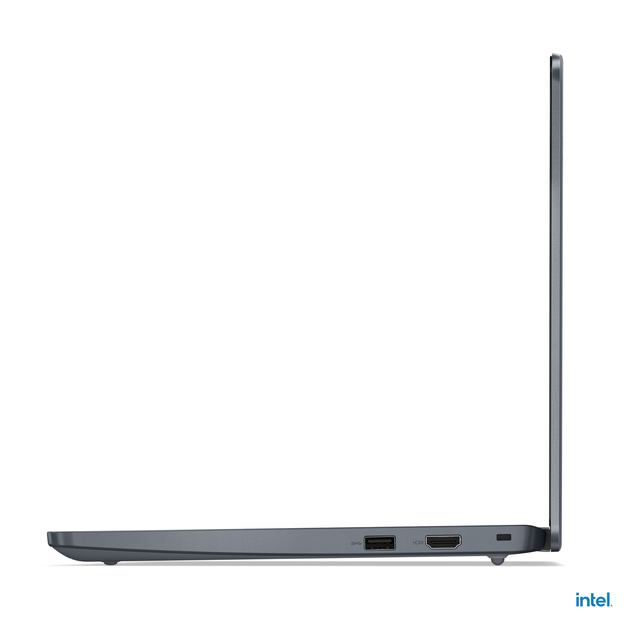 Seitenansicht eines Laptops mit sichtbaren Anschlüssen an der Seite.
