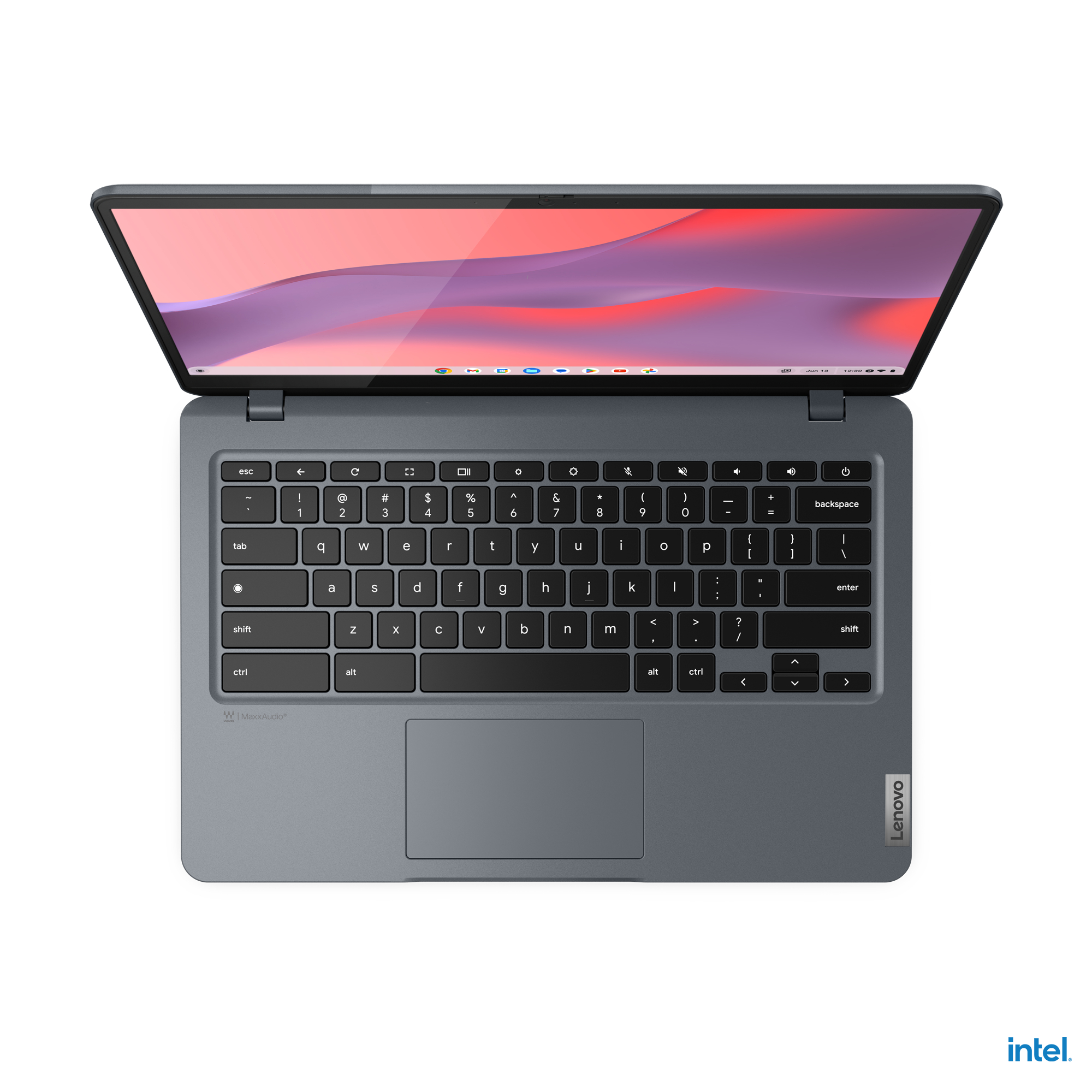 Ein Laptop-Computer, von oben geöffnet. Der Bildschirm zeigt ein farbenfrohes abstraktes Bild.