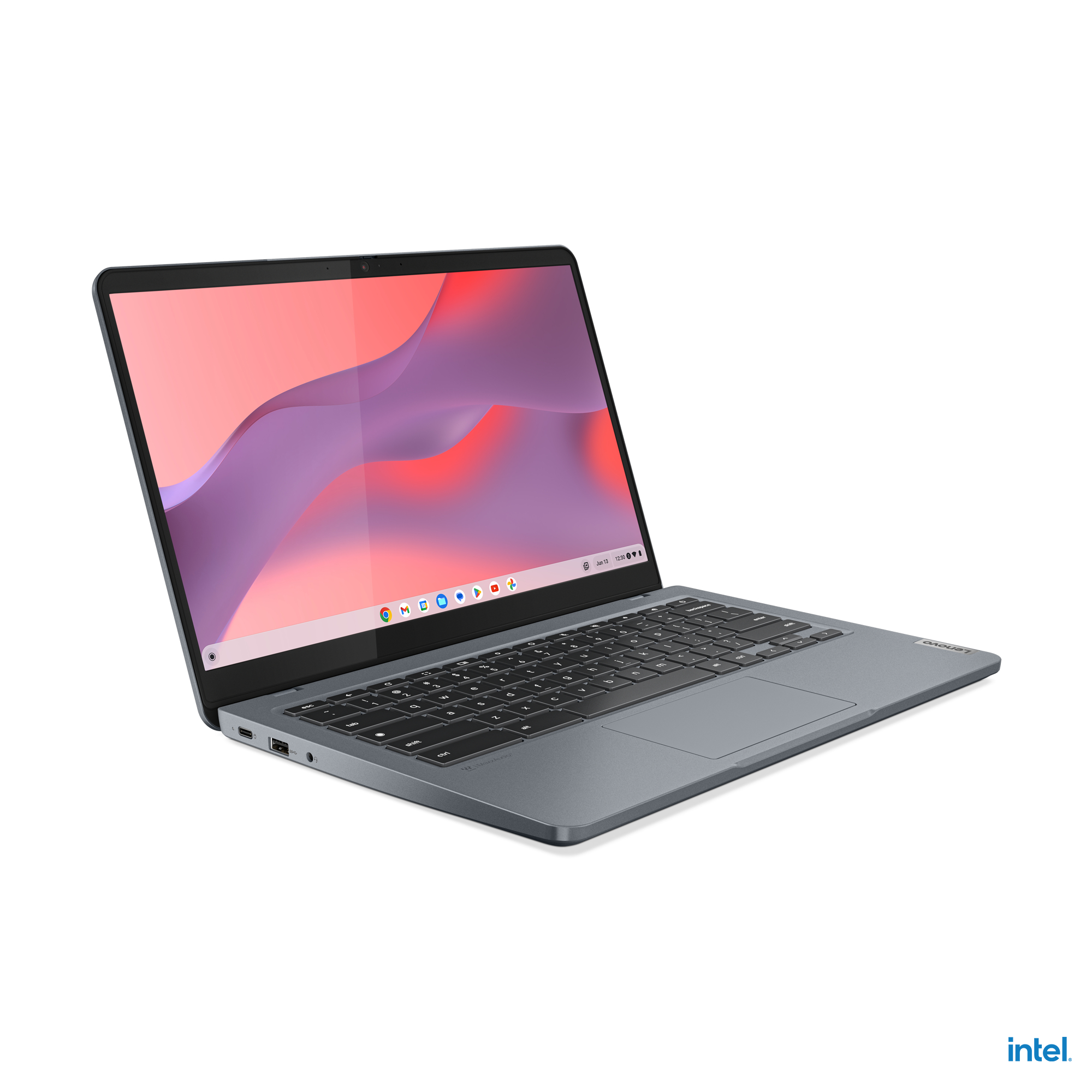 Ein Laptop mit einem Bildschirm, der ein rosa und lila Bild zeigt, auf weißem Hintergrund.