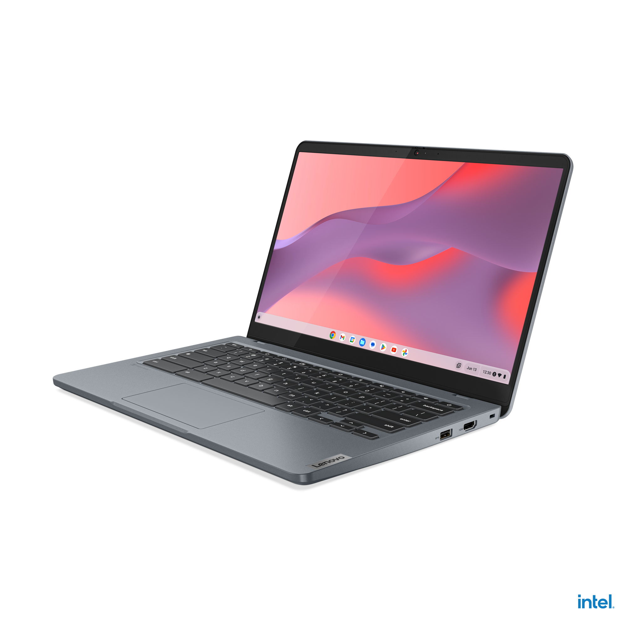 Ein grauer Laptop ist auf einer weißen Oberfläche geöffnet. Der Bildschirm zeigt eine farbenfrohe Grafik. Intel-Logo unten.