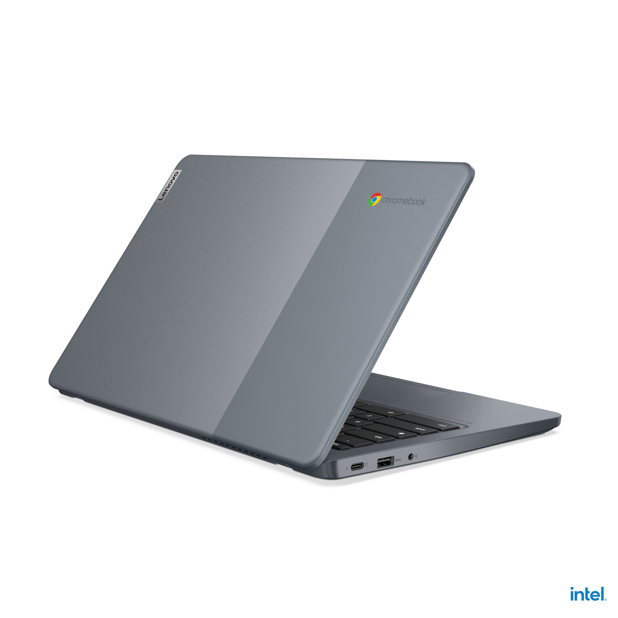 Grauer Lenovo Chromebook Laptop, geöffnet und abgewinkelt, auf weißer Oberfläche.