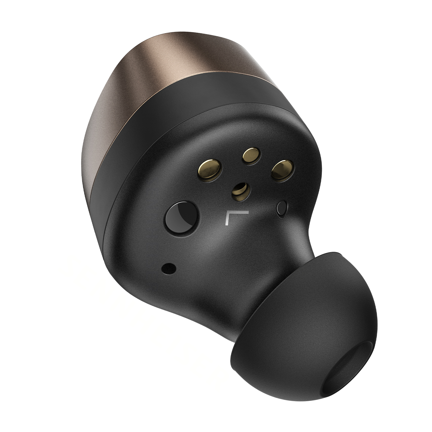 Primo piano di un auricolare nero e bronzo. L'auricolare ha un morbido gommino nero e un design circolare.