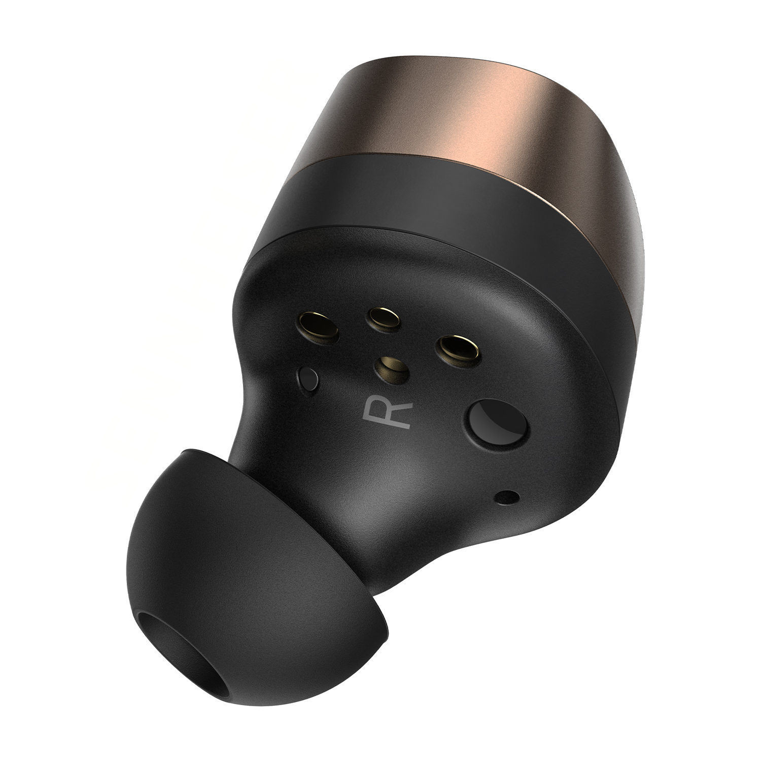Un singolo auricolare nero con una parte superiore color bronzo, su sfondo bianco.