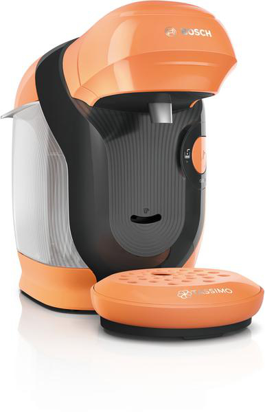 Eine orange-schwarze Bosch Tassimo Kaffeemaschine vor weißem Hintergrund.