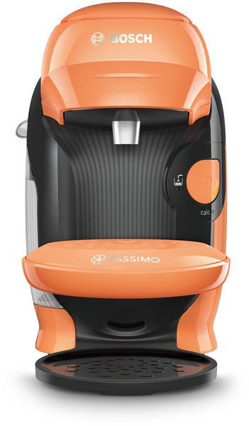 Eine orangefarbene und schwarze Bosch Kaffeemaschine. Sie hat Knöpfe und einen Wasserauslauf.