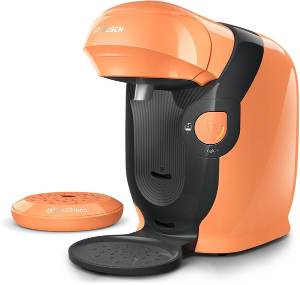 Orange und schwarze Kaffeemaschine mit separater runder Basis. Markenname ist Bosch.