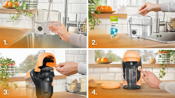 Schrittweise Reinigung der Kaffeemaschine. Hände füllen mit Wasser, Tabletten und legen Teile ein.