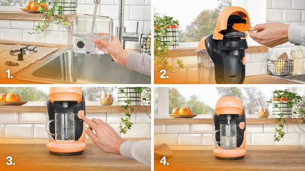 Sequenz von 4 Bildern, die die Schritte zur Verwendung einer Kaffeemaschine zeigen.