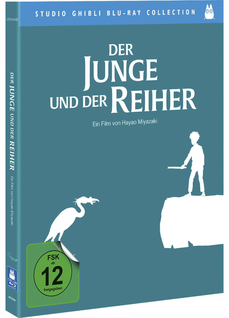 Blu-ray-Cover für 'Der Junge und der Reiher'. Zeigt eine Silhouette eines Jungen mit einem Reiher.