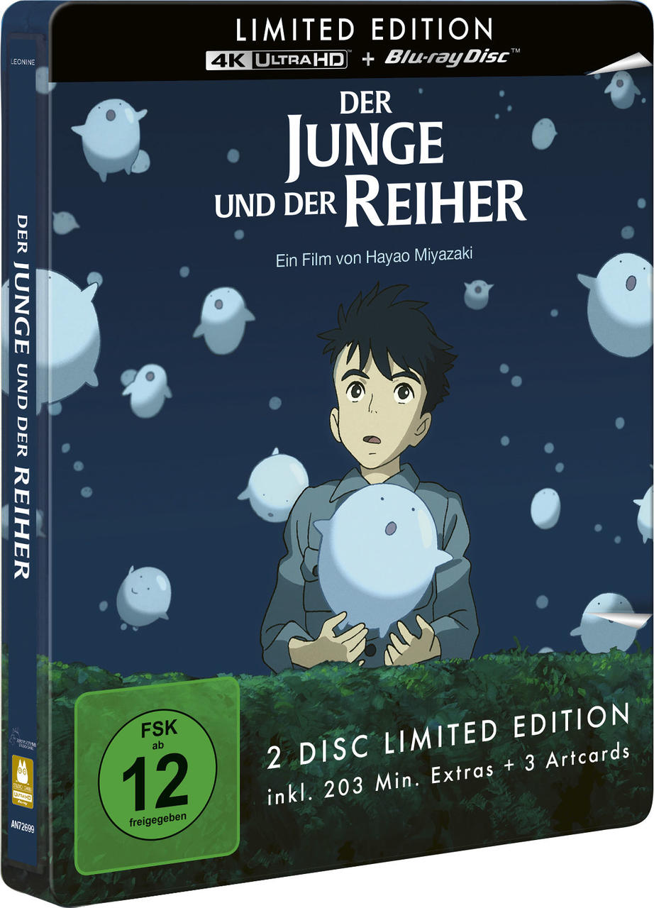 Filmcover von "Der Junge und der Reiher" mit Figuren in blauem Nachthimmel und grünem Hintergrund.