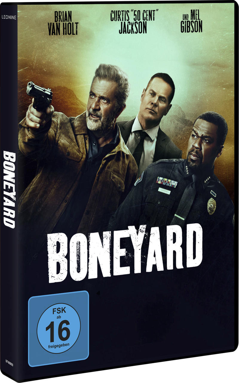 DVD-Cover mit drei Männern. Einer hält eine Waffe. Text: Boneyard.