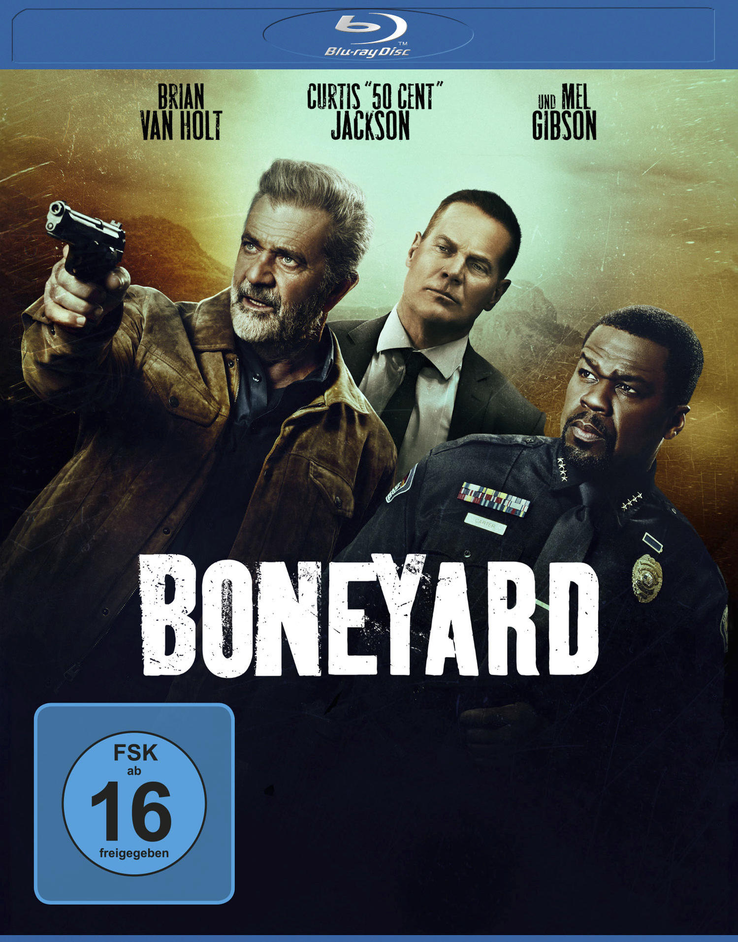 Boneyard Blu-ray-Cover. Drei Schauspieler mit Waffen. Mel Gibson, Curtis '50 Cent' Jackson, Brian Van Holt.