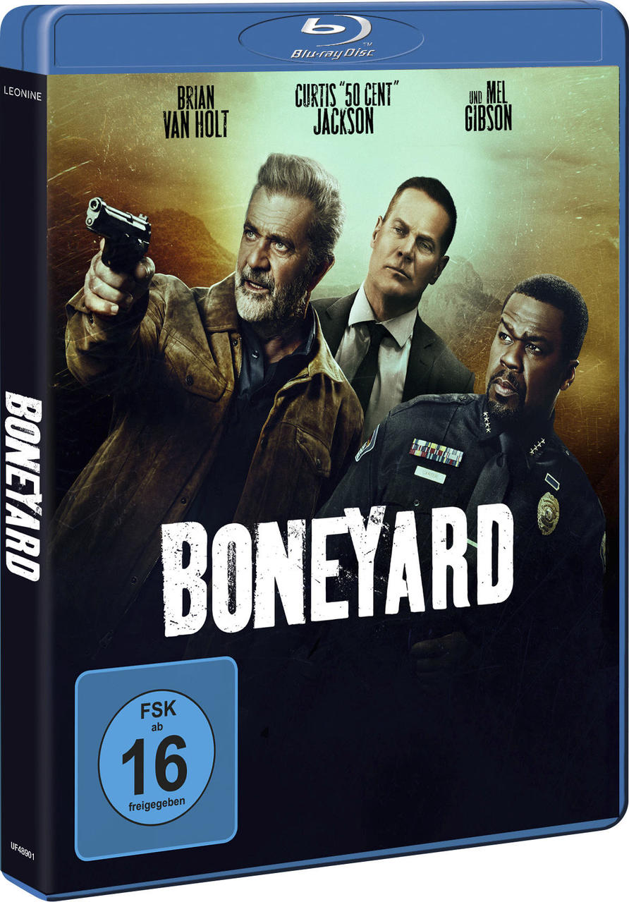 Filmcover mit Mel Gibson, Brian Van Holt und Curtis Jackson. Der Titel lautet Boneyard.
